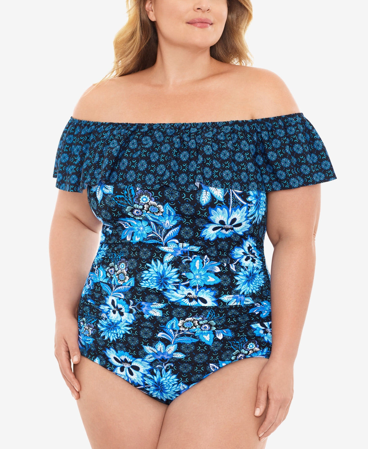 Swim Solutions HIDEAWAY NAVY Ruffled Off-the-Shoulder One-Piece Swimsuit  US 18W - Bellso